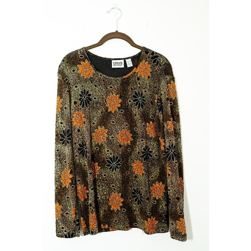 Chico's Design Top 1 M Brown Floral Crinkle